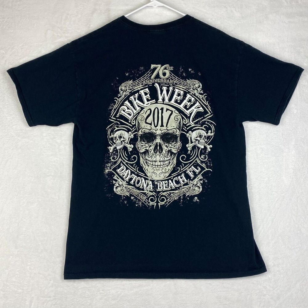 Bike Week 2017 76 Anniversary Fruit Of The Loom Mens T-shirt Large Black Skull